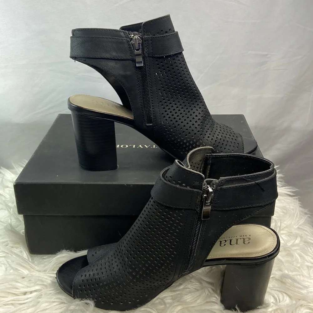 ANA “ANA TROUT” Vegan Leather Peep Toe Punch Out Heel - Picture 3 of 10